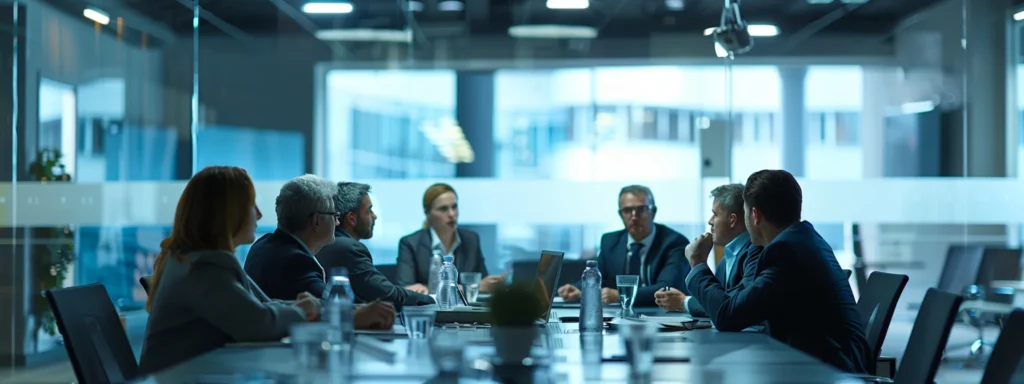 a group of professionals in a boardroom discussing roundhouse provisions services and how they can benefit their business.