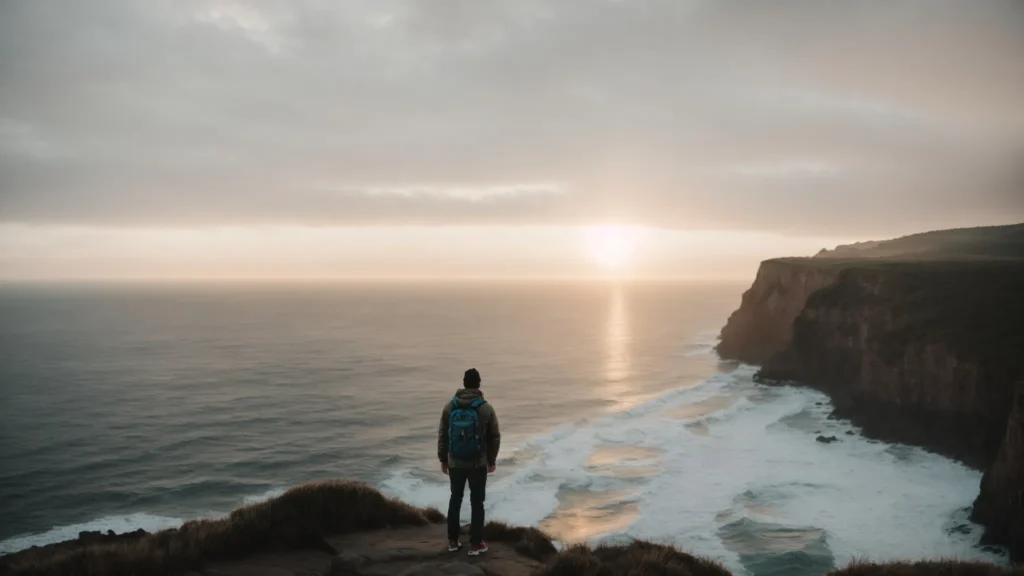 a person standing on a cliff overlooking the ocean at sunrise, embodying a sense of freedom and release.
