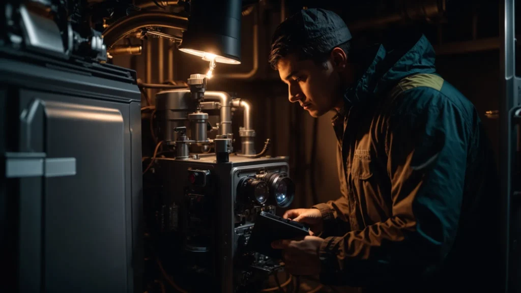 a professional technician is inspecting a large home furnace with a flashlight.
