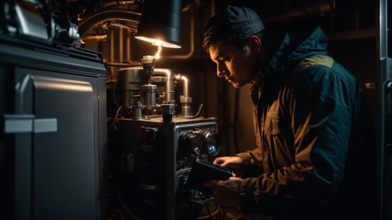 a professional technician is inspecting a large home furnace with a flashlight.