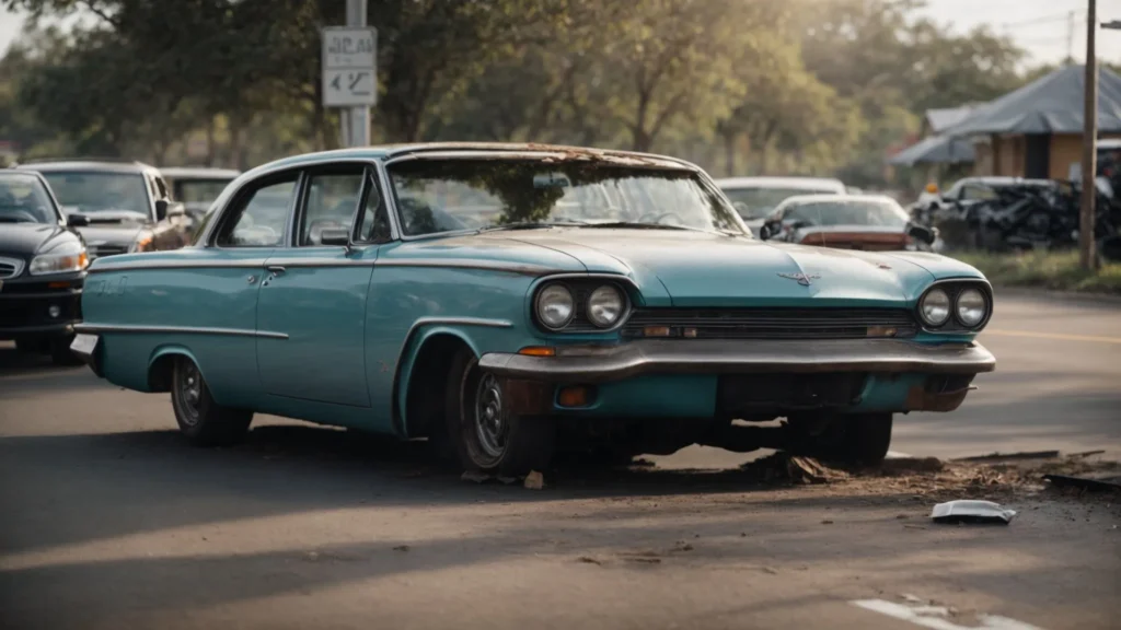 a damaged car is parked on the side of a busy road in daylight.