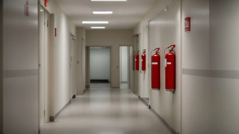 a corridor in a facility equipped with clearly visible fire extinguishers and smoke detectors on the walls.