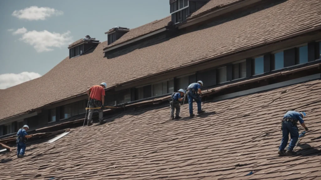 a team of professional roofers installs shingles on a large government building under a clear sky.