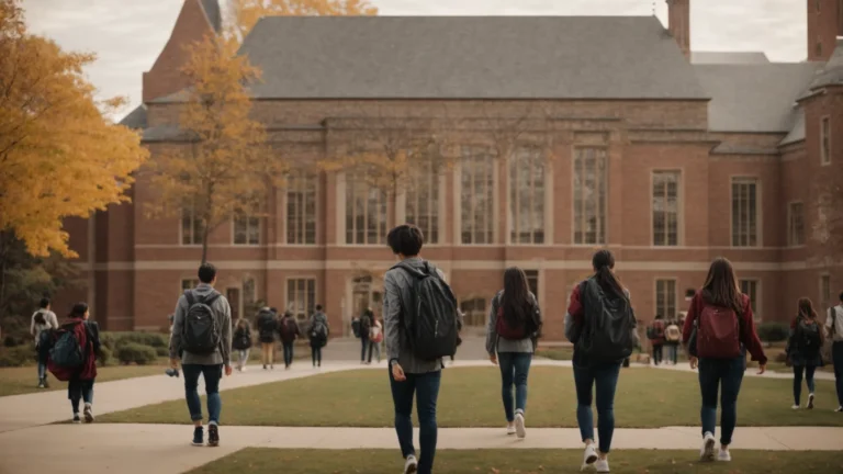 a group of students walks across a college campus, with historic buildings in the background.