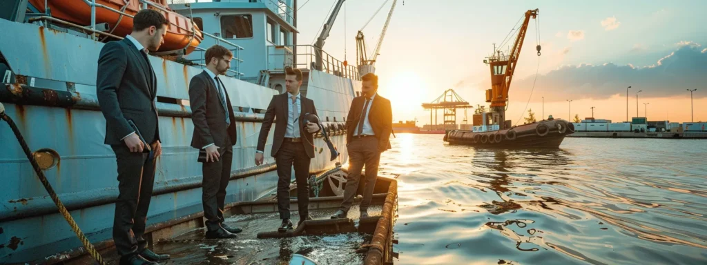 a team of professionals in business suits testing water quality by a large anchor.
