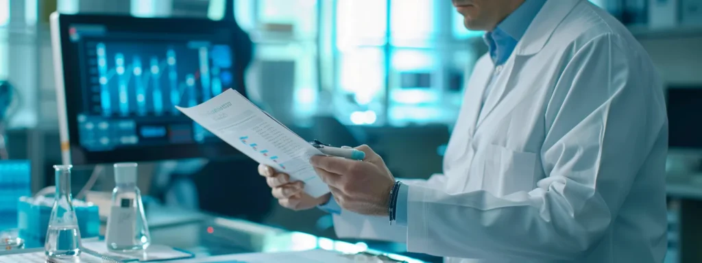 a professional business executive analyzing reviews and clinical studies for morning complete product credibility.