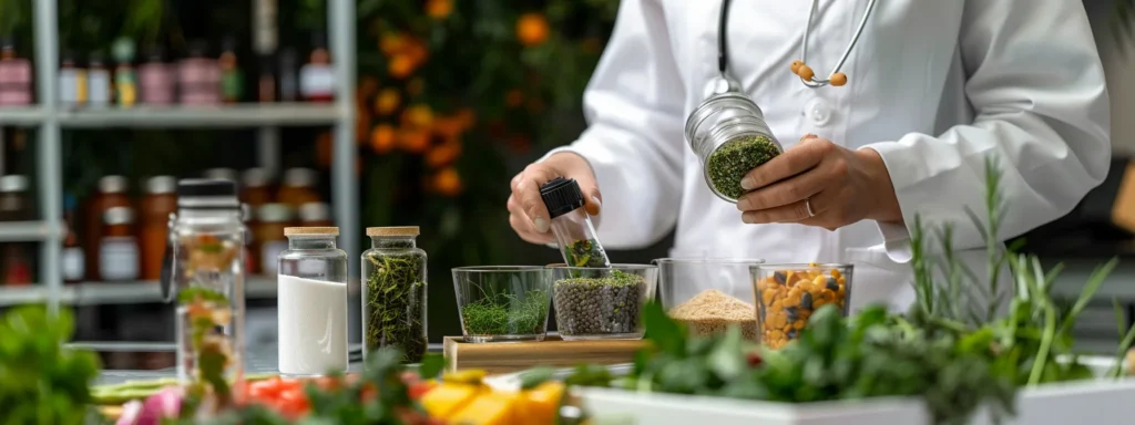 a veterinarian measuring out precise amounts of ingredients for pet nutrition.
