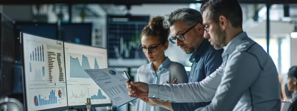 a group of professionals examining charts and graphs related to water quality compliance.