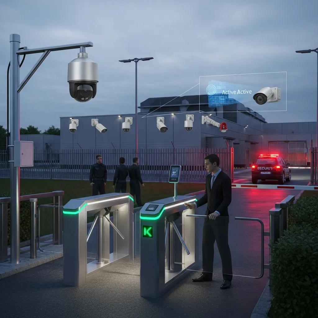 Illustration of physical security systems including surveillance cameras and access control in a secure facility