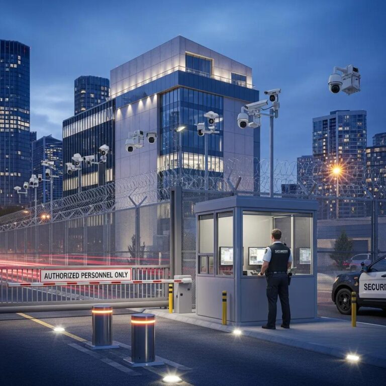 Image of a secure critical infrastructure facility with surveillance systems and access control