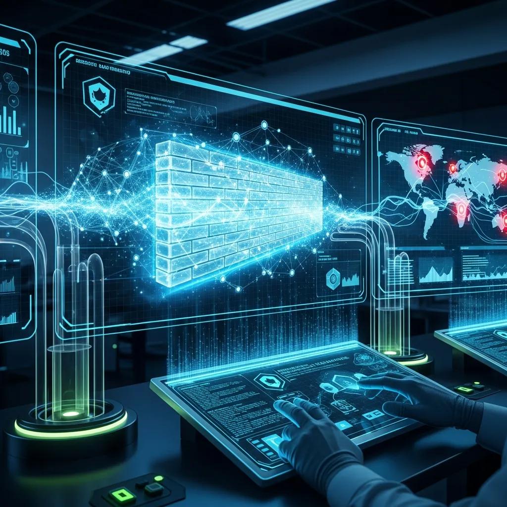 Representation of cybersecurity measures with digital interfaces and firewalls protecting critical infrastructure