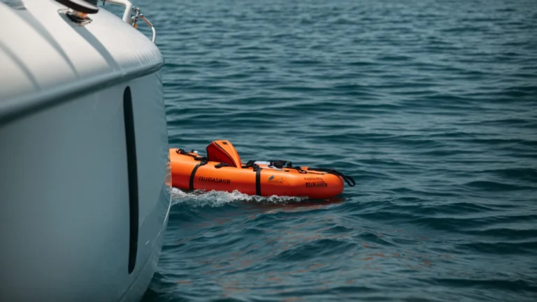 a life jacket floating on calm waters near a rescue boat under a clear blue sky.