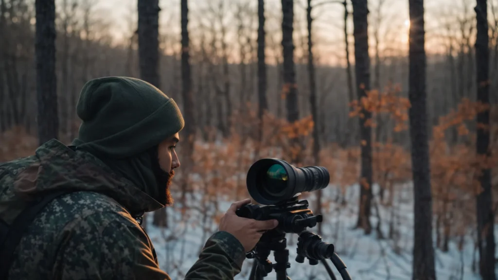 a hunter, seen through a thermal scope, silently tracks a deer in the chilly dusk.