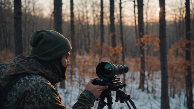 a hunter, seen through a thermal scope, silently tracks a deer in the chilly dusk.
