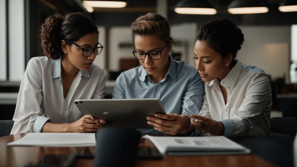 two business owners intently review a document on a tablet, discussing their strategy while sitting in a modern office.