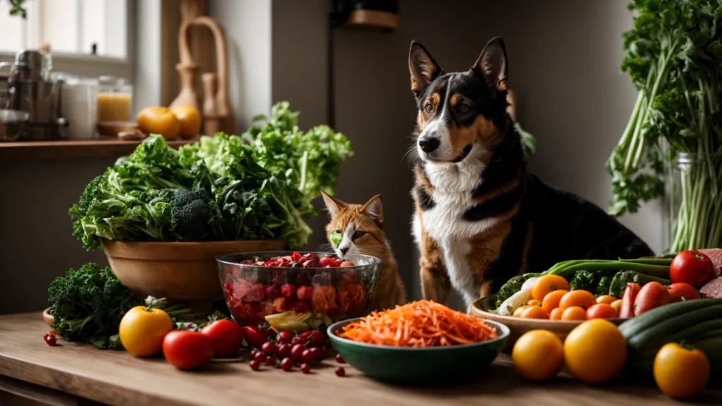 a dog and a cat sit energetically beside a bowl overflowing with colorful, fresh vegetables and meats.