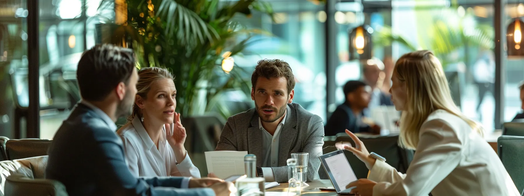 a group of business professionals engaged in a focused discussion, surrounded by photography portfolios.